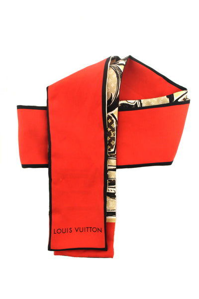 Louis Vuitton Silk Monogram Trunks Red Twilly Bandeau Scarf