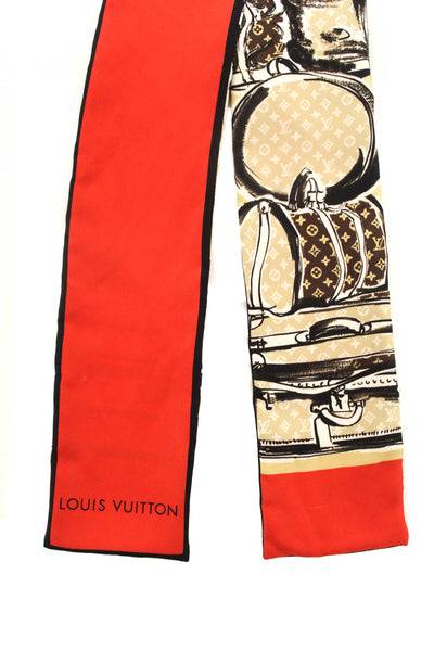 Louis Vuitton Silk Monogram Trunks Red Twilly Bandeau Scarf