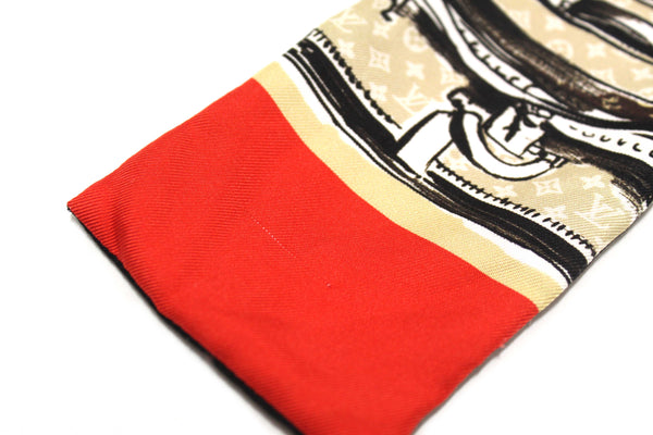 Louis Vuitton Silk Monogram Trunks Red Twilly Bandeau Scarf