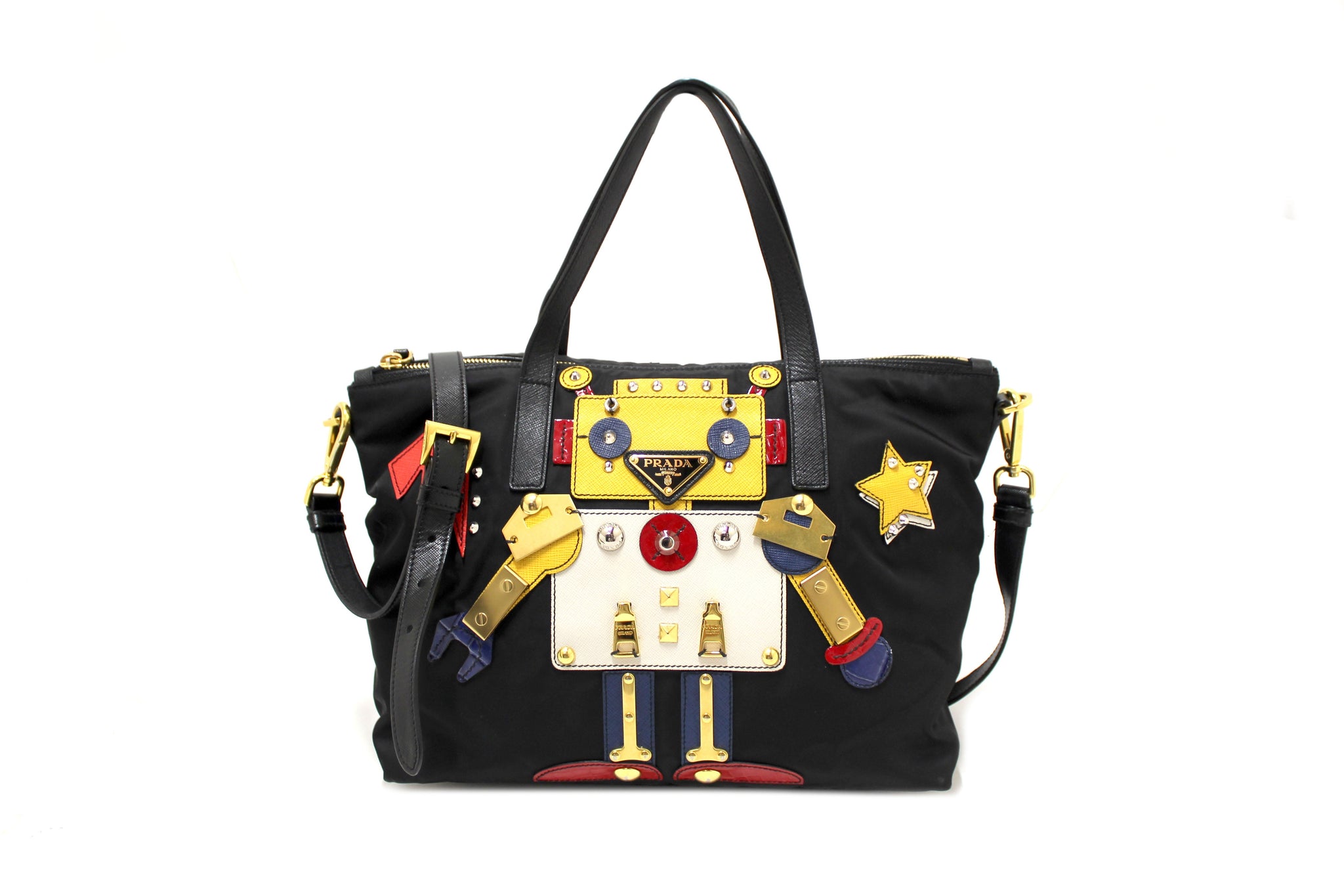 Prada Black Tessuto Nylon Robot Tote Bag Italy Station