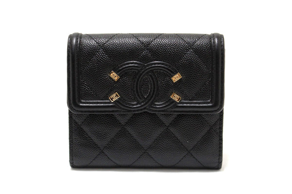 Chanel Black Caviar Leather CC Filigree Trifold Wallet
