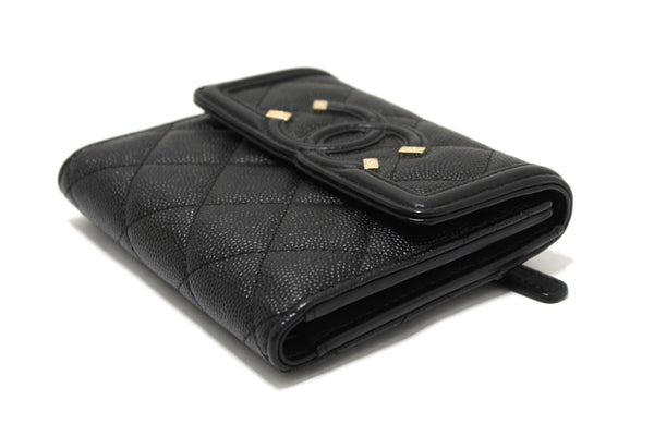 Chanel Black Caviar Leather CC Filigree Trifold Wallet