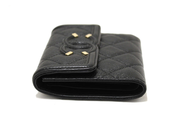 Chanel Black Caviar Leather CC Filigree Trifold Wallet