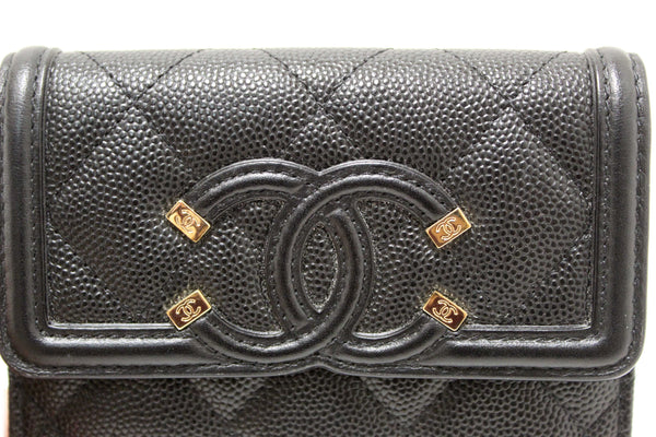 Chanel Black Caviar Leather CC Filigree Trifold Wallet