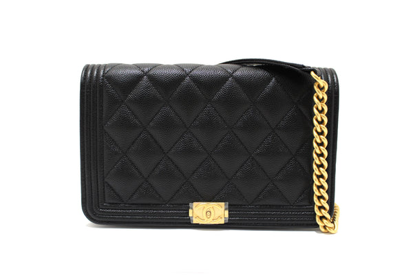 Chanel Black Caviar Quilted Leather Boy Wallet On Chain WOC