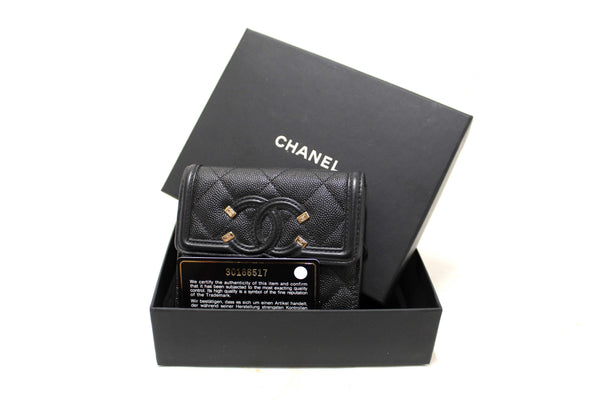 Chanel Black Caviar Leather CC Filigree Trifold Wallet