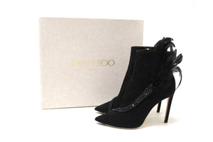 NEW Jimmy Choo Black Suede and Feather Crystal Embellished Ankle Boots Size 37.5