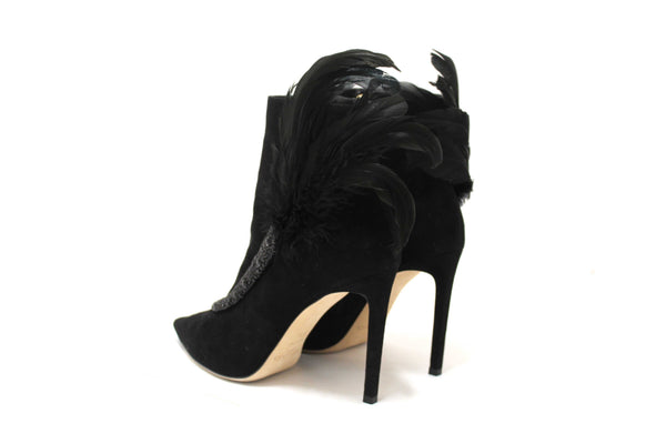 NEW Jimmy Choo Black Suede and Feather Crystal Embellished Ankle Boots Size 37.5