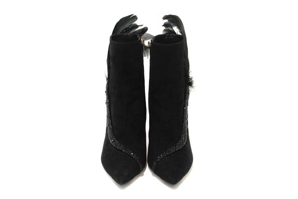 NEW Jimmy Choo Black Suede and Feather Crystal Embellished Ankle Boots Size 37.5