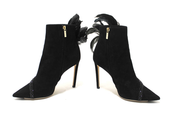 NEW Jimmy Choo Black Suede and Feather Crystal Embellished Ankle Boots Size 37.5