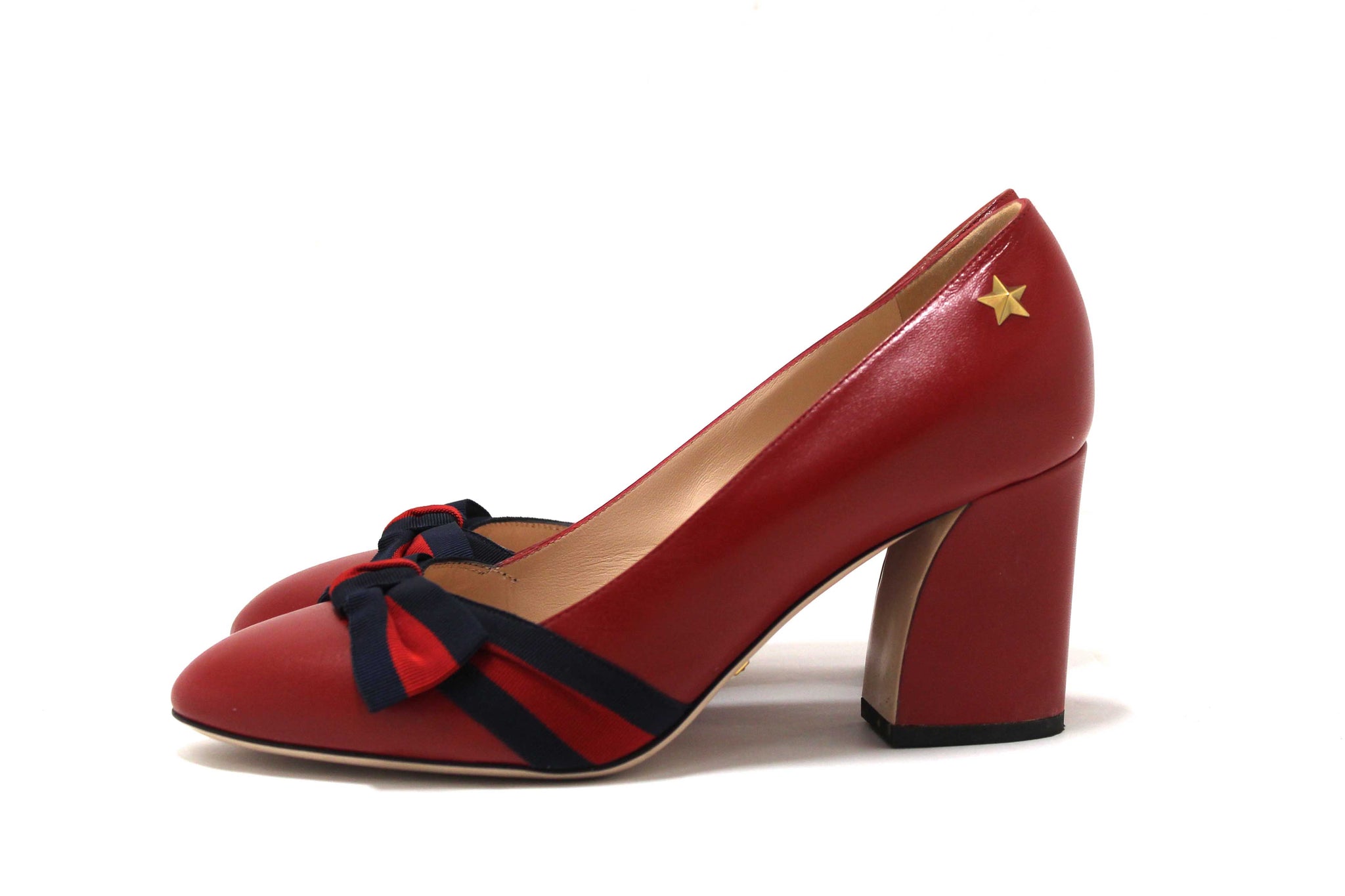Gucci Red Smooth Calfskin Leather Web Bow Malaga Pumps Size 39