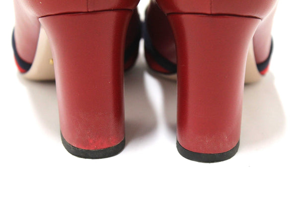 Gucci Red Smooth Calfskin Leather Web Bow Malaga Pumps Size 39