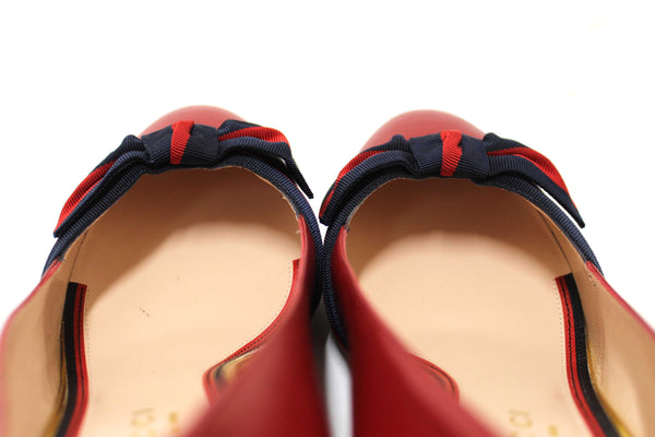 Gucci Red Smooth Calfskin Leather Web Bow Malaga Pumps Size 39