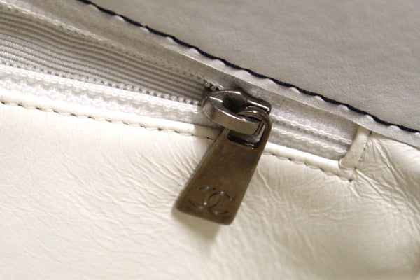Chanel Vintage White Leather Chocolate Bar Wild Stitch Chain Tote Shoulder Bag