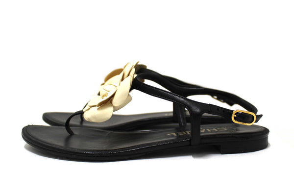 Chanel Black & White Leather Camellia Thong Sandals Size 37C