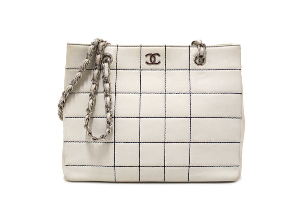 Chanel Vintage White Leather Chocolate Bar Wild Stitch Chain Tote Shoulder Bag