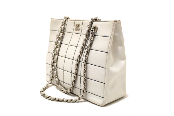 Chanel Vintage White Leather Chocolate Bar Wild Stitch Chain Tote Shoulder Bag