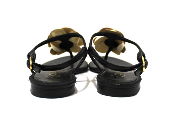 Chanel Black & White Leather Camellia Thong Sandals Size 37C