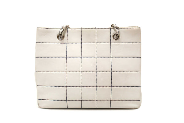 Chanel Vintage White Leather Chocolate Bar Wild Stitch Chain Tote Shoulder Bag
