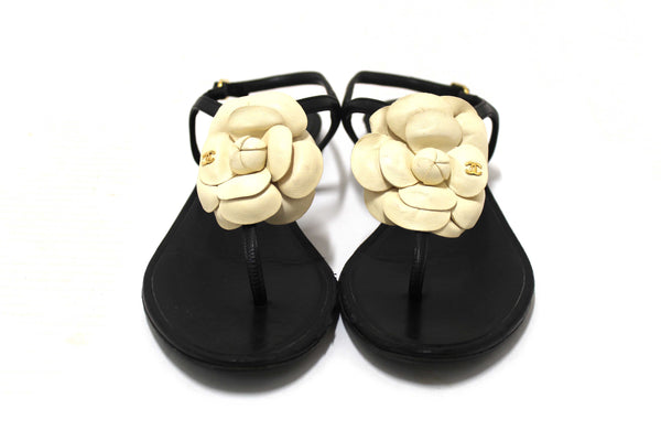 Chanel Black & White Leather Camellia Thong Sandals Size 37C