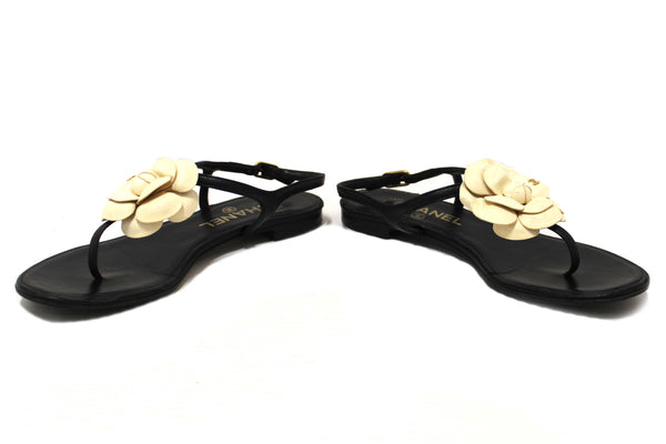 Chanel Black & White Leather Camellia Thong Sandals Size 37C