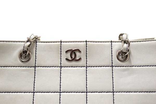Chanel Vintage White Leather Chocolate Bar Wild Stitch Chain Tote Shoulder Bag
