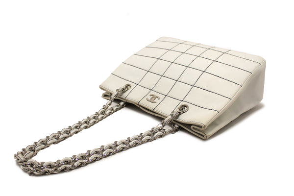 Chanel Vintage White Leather Chocolate Bar Wild Stitch Chain Tote Shoulder Bag