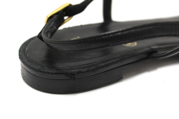 Chanel Black & White Leather Camellia Thong Sandals Size 37C