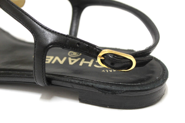 Chanel Black & White Leather Camellia Thong Sandals Size 37C