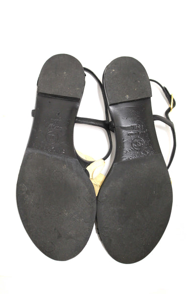 Chanel Black & White Leather Camellia Thong Sandals Size 37C