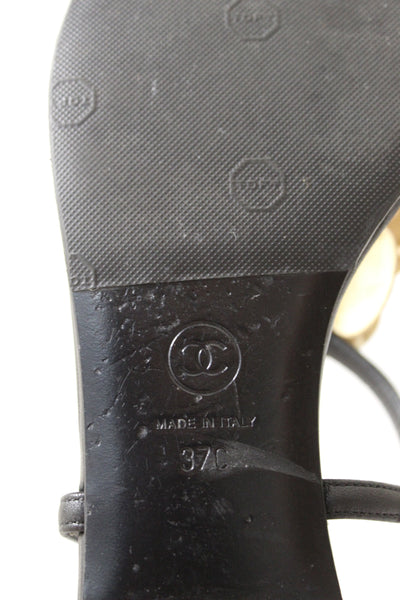Chanel Black & White Leather Camellia Thong Sandals Size 37C