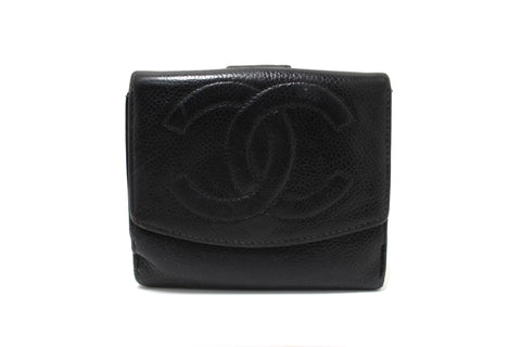 Vintage Chanel Black Caviar Leather Timeless CC Small Wallet
