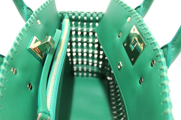 NEW  Salvatore Ferragamo Green Woven Leather and Knotted Raffia Studio Box Tote Bag