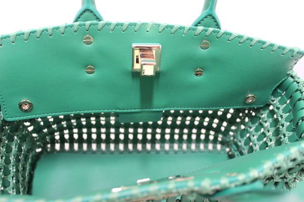 新款 Salvatore Ferragamo 綠色編織皮革和結飾拉菲草 Studio Box 托特包