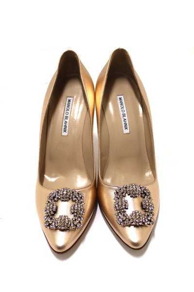 NEW Manolo Blahnik Rose Gold Metallic Nappa Leather Hangisi Crystal Buckle Pump Size 40