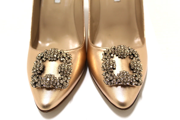 NEW Manolo Blahnik Rose Gold Metallic Nappa Leather Hangisi Crystal Buckle Pump Size 40