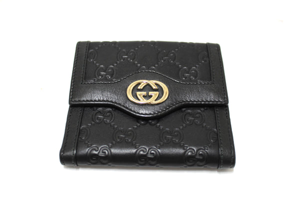 Gucci Black Guccissima Leather Sukey French Flap Wallet