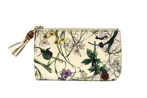 Authentic Gucci White Calfskin Flora Infinity Small Zip Pouch