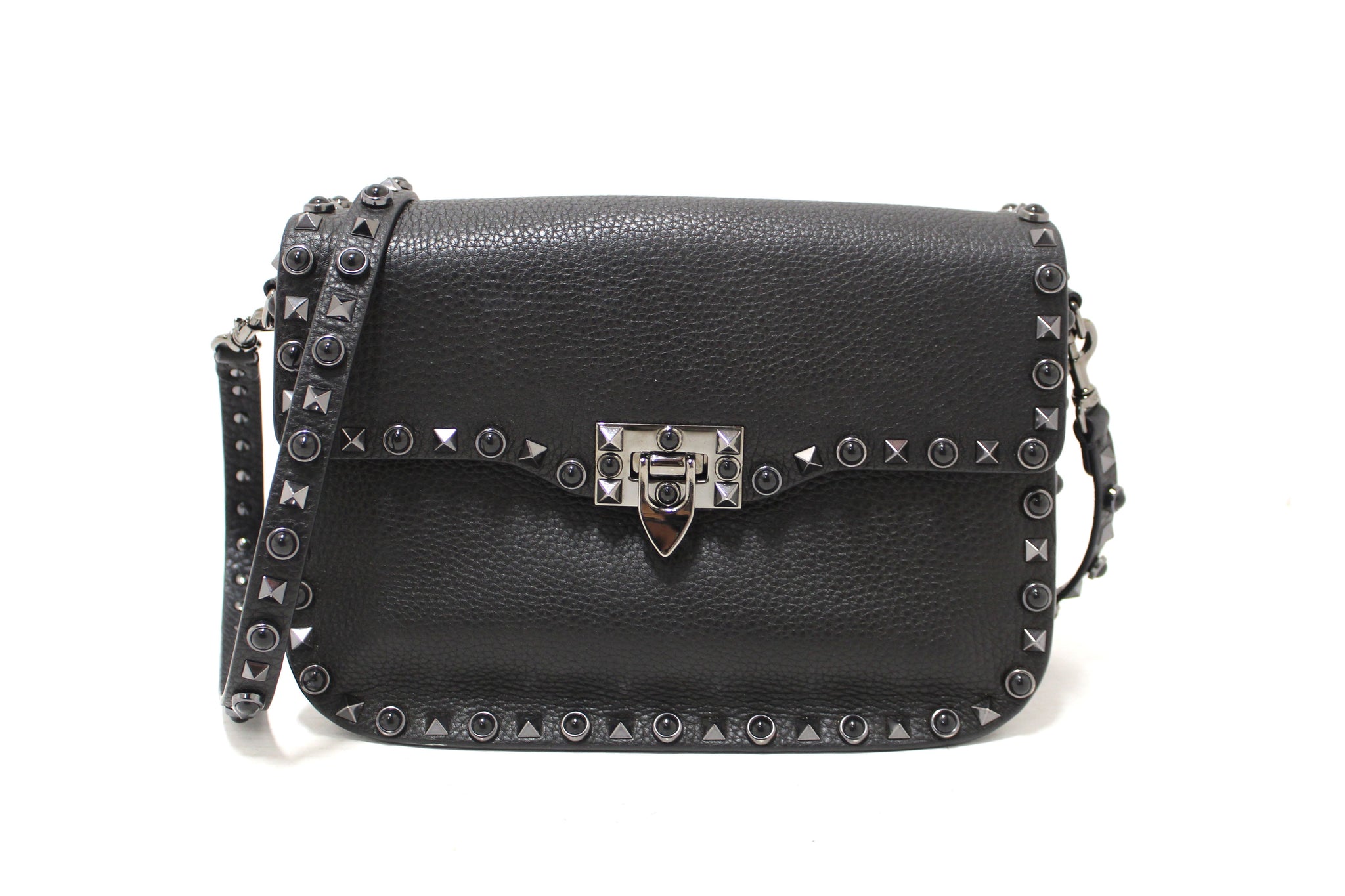 Valentino Garavani Black Grained Calfskin Rolling Rockstud Flap Crossbody Bag