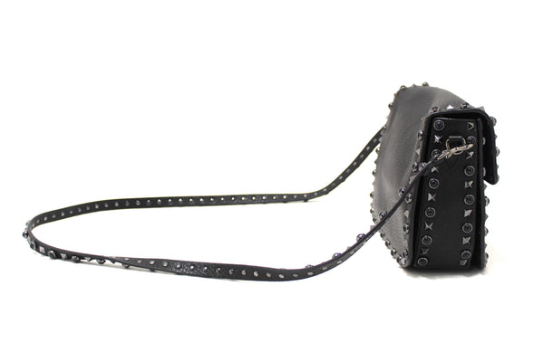 Valentino Garavani Black Grained Calfskin Rolling Rockstud Flap Crossbody Bag