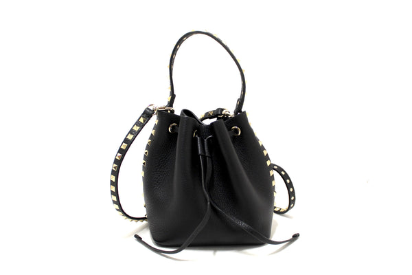 New Valentino Black Leather Small Rockstud Bucket Messenger Bag