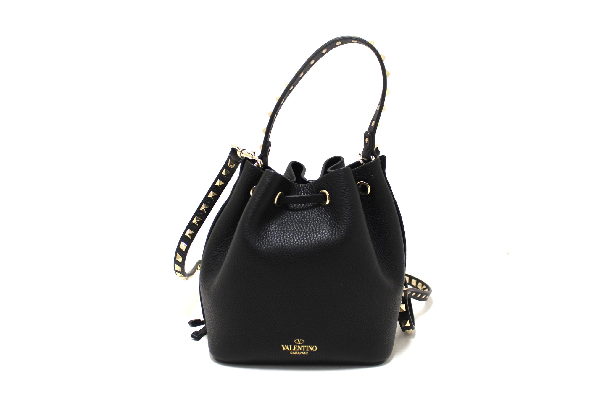 New Valentino Black Leather Small Rockstud Bucket Messenger Bag