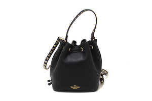 New Valentino Black Leather Small Rockstud Bucket Messenger Bag