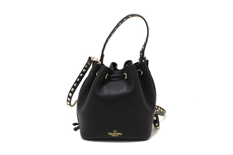 New Valentino Black Leather Small Rockstud Bucket Messenger Bag