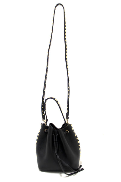 New Valentino Black Leather Small Rockstud Bucket Messenger Bag