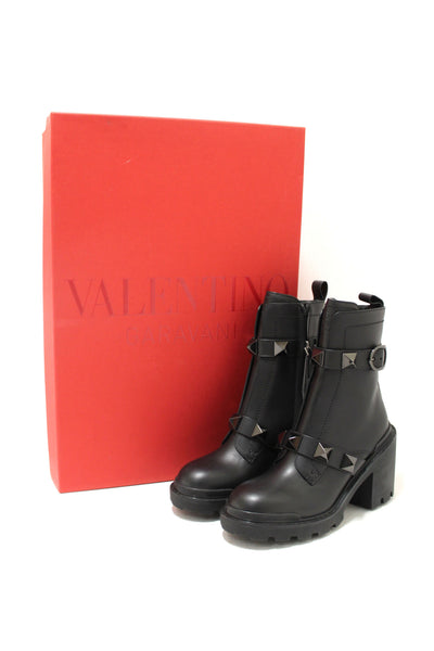 New Valentino Garavani Black Leather Roman Stud Combat Ankle Boots Shoes Size 37