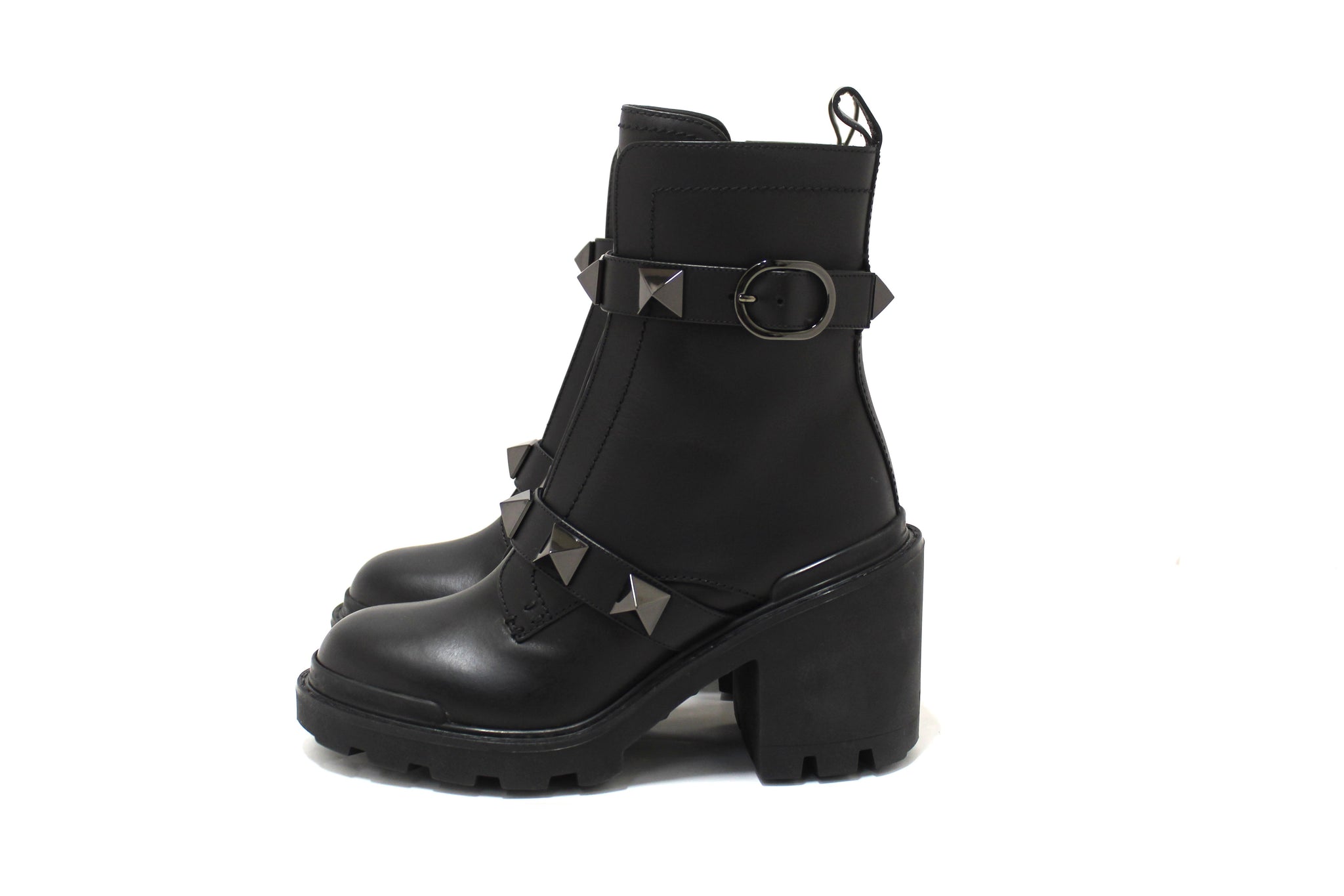 New Valentino Garavani Black Leather Roman Stud Combat Ankle Boots Shoes Size 37