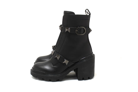 New Valentino Garavani Black Leather Roman Stud Combat Ankle Boots Shoes Size 37