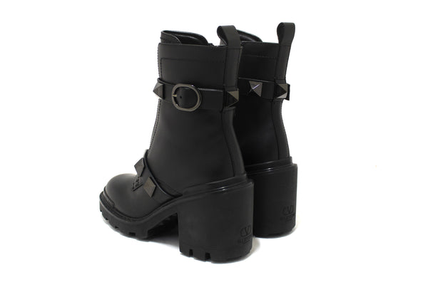 New Valentino Garavani Black Leather Roman Stud Combat Ankle Boots Shoes Size 37