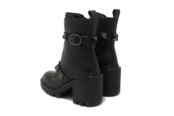 New Valentino Garavani Black Leather Roman Stud Combat Ankle Boots Shoes Size 37